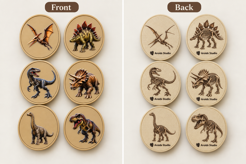 Dinosaur Fossil Magnet Collection - Set of 6 (Front Textured Color + Back Fossil)